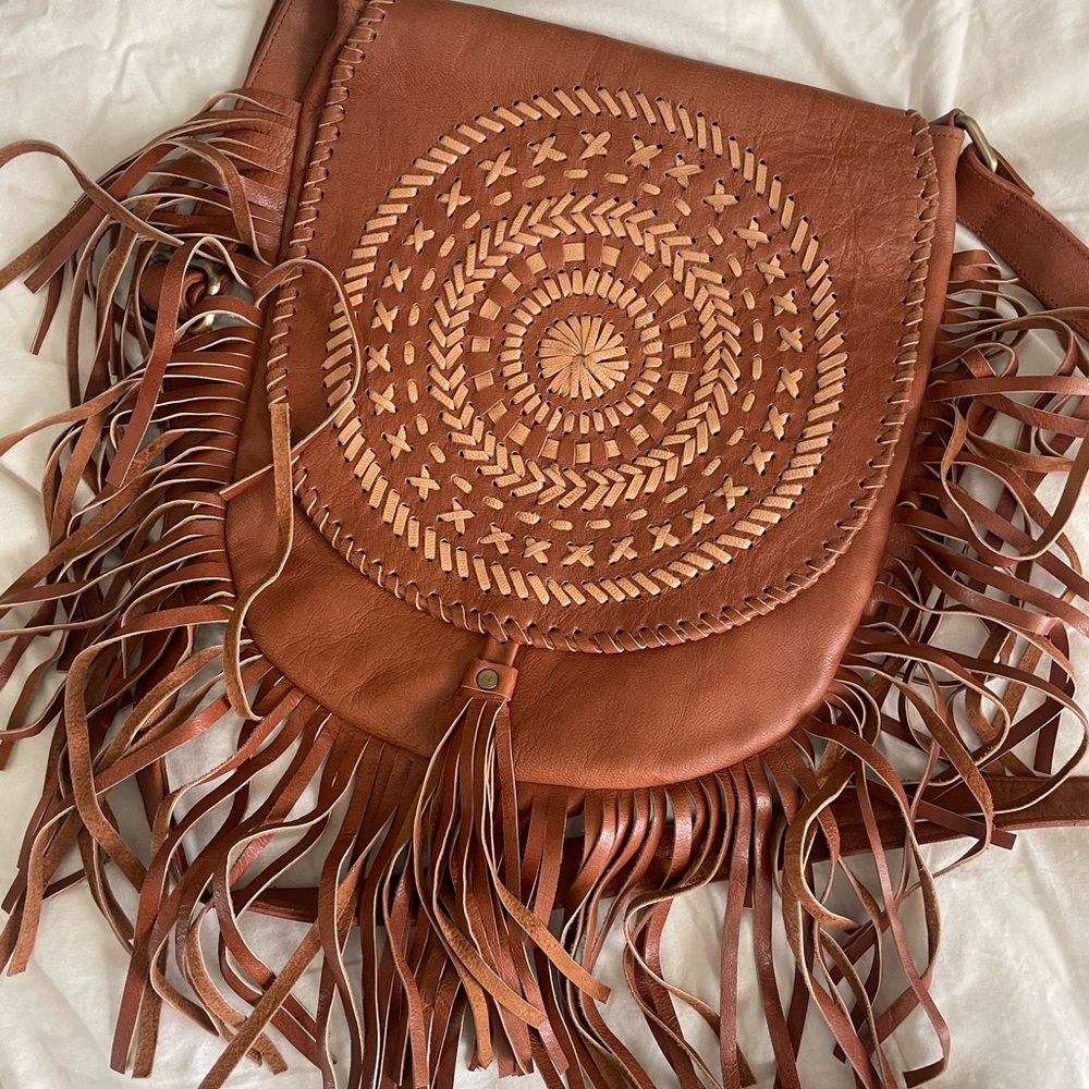 Brown Bohemian Crossbody Bag with Fringe and Embroidery